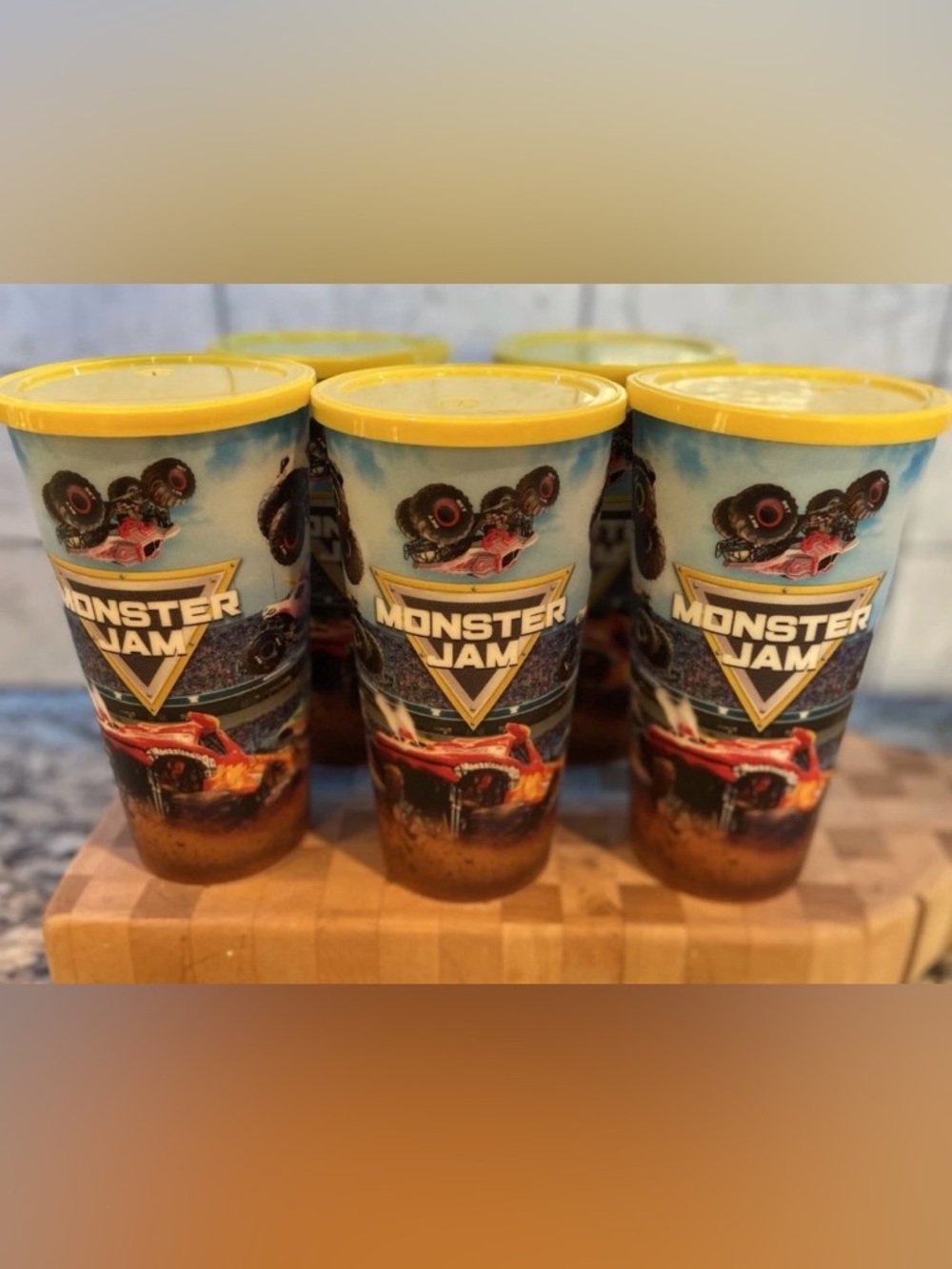 Monster Jam 2025 7" Tall Plastic Cups W Yellow Lid 3D Image - 4 QTY